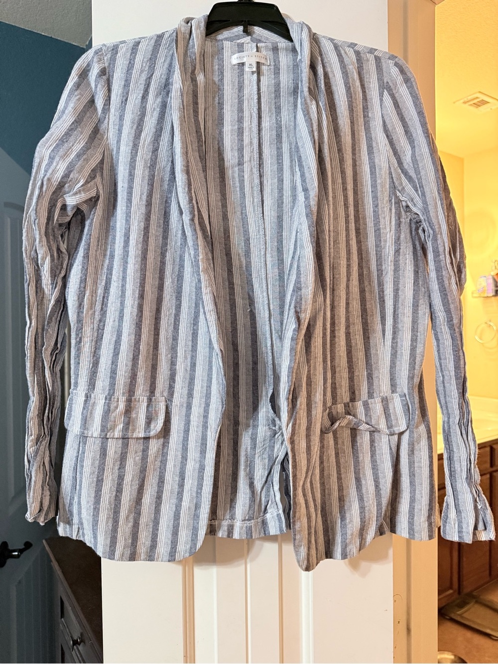 Lightweight Striped Open-Front Blazer - Blue & White
